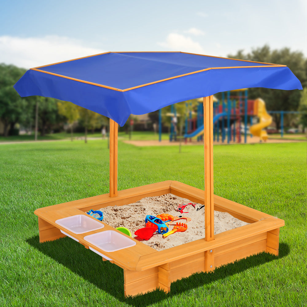 Keezi Kids Sandpit Wooden Sandbox Sand Pit with Canopy Water Basin Toys 103cm 7