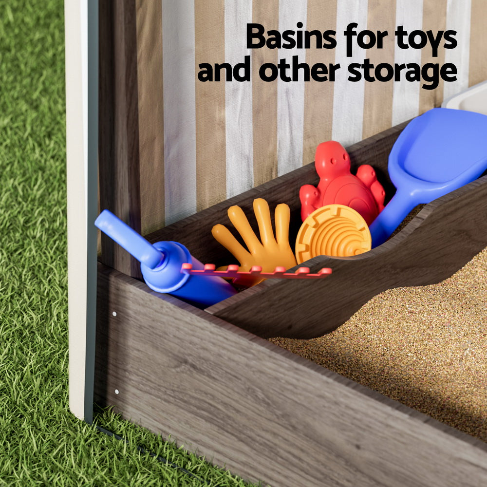 Keezi Kids Sandpit Wooden Sandbox Sand Pit with Canopy Window Water Basin 120cm 5