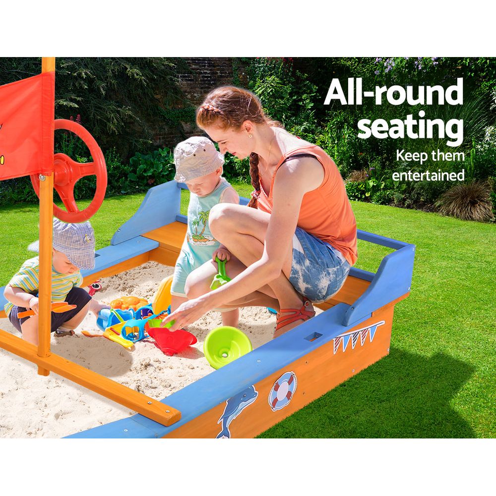 Keezi Kids Sandpit Wooden Boat Sand Pit with Canopy Bench Seat Beach Toys 150cm 3