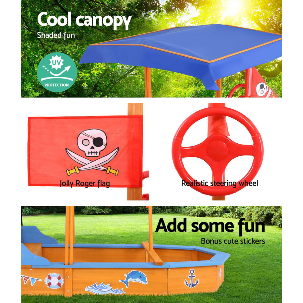 Keezi Kids Sandpit Wooden Boat Sand Pit with Canopy Bench Seat Beach Toys 150cm 4