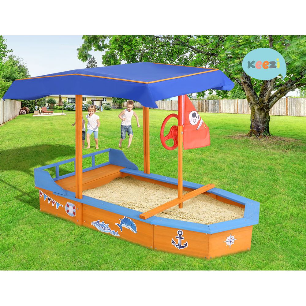 Keezi Kids Sandpit Wooden Boat Sand Pit with Canopy Bench Seat Beach Toys 150cm 5