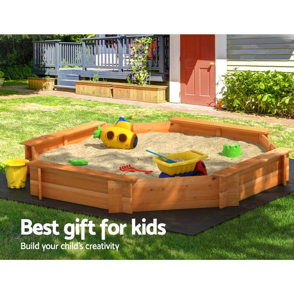Keezi Kids Sandpit Wooden Round Sand Pit with Cover Bench Seat Beach Toys 182cm 4