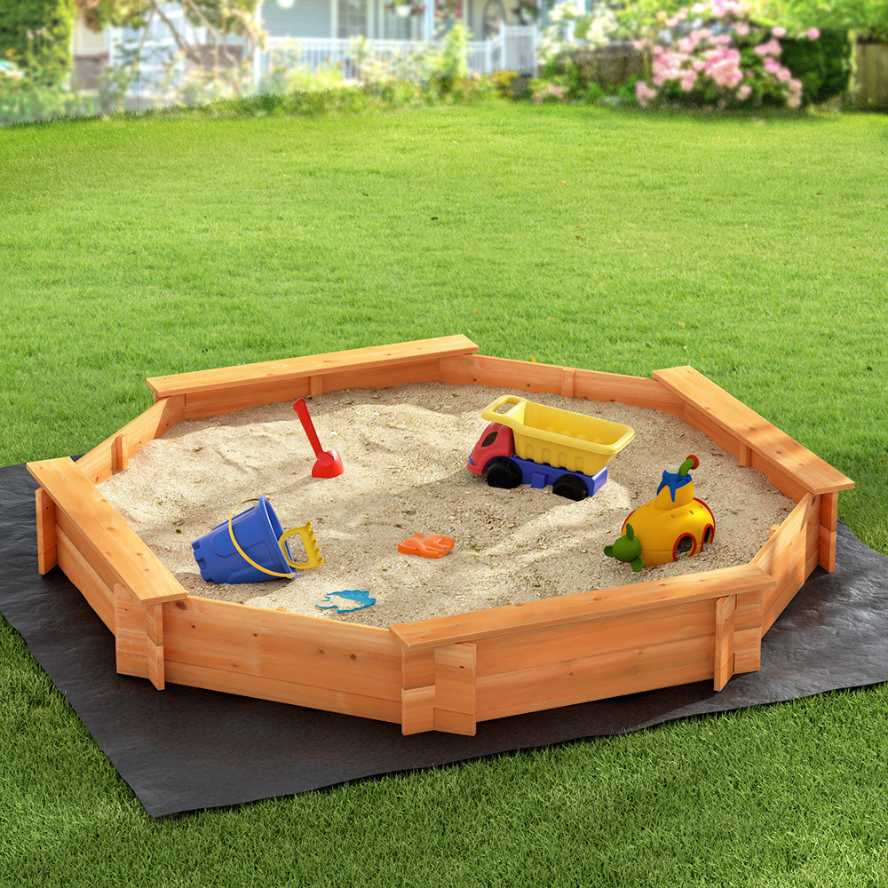 Keezi Kids Sandpit Wooden Round Sand Pit with Cover Bench Seat Beach Toys 182cm 7