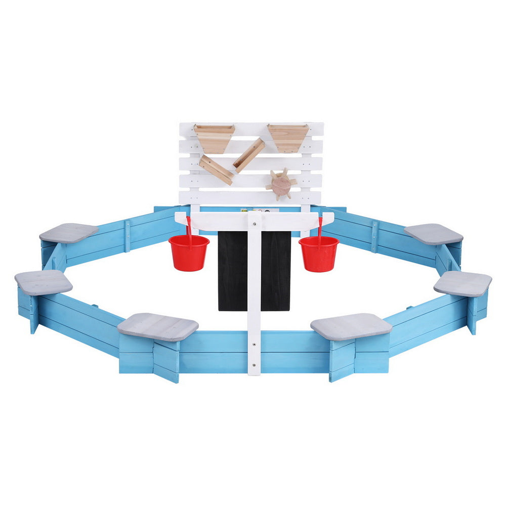Keezi Kids Sandpit Wooden Round Sand Pit with Cover Funnel Bench Seat Beach Toys 215cm 3