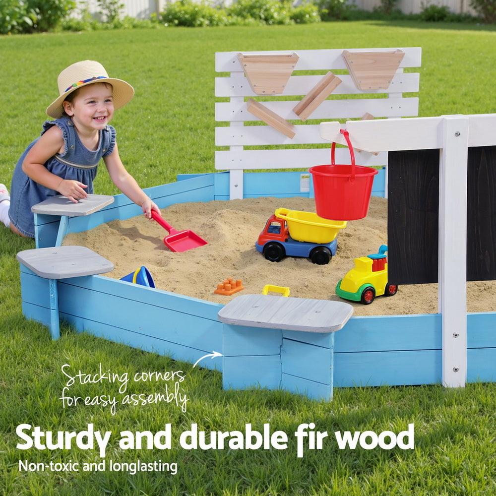 Keezi Kids Sandpit Wooden Round Sand Pit with Cover Funnel Bench Seat Beach Toys 215cm 4