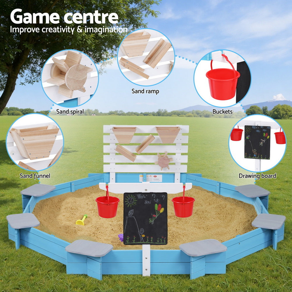 Keezi Kids Sandpit Wooden Round Sand Pit with Cover Funnel Bench Seat Beach Toys 215cm 5