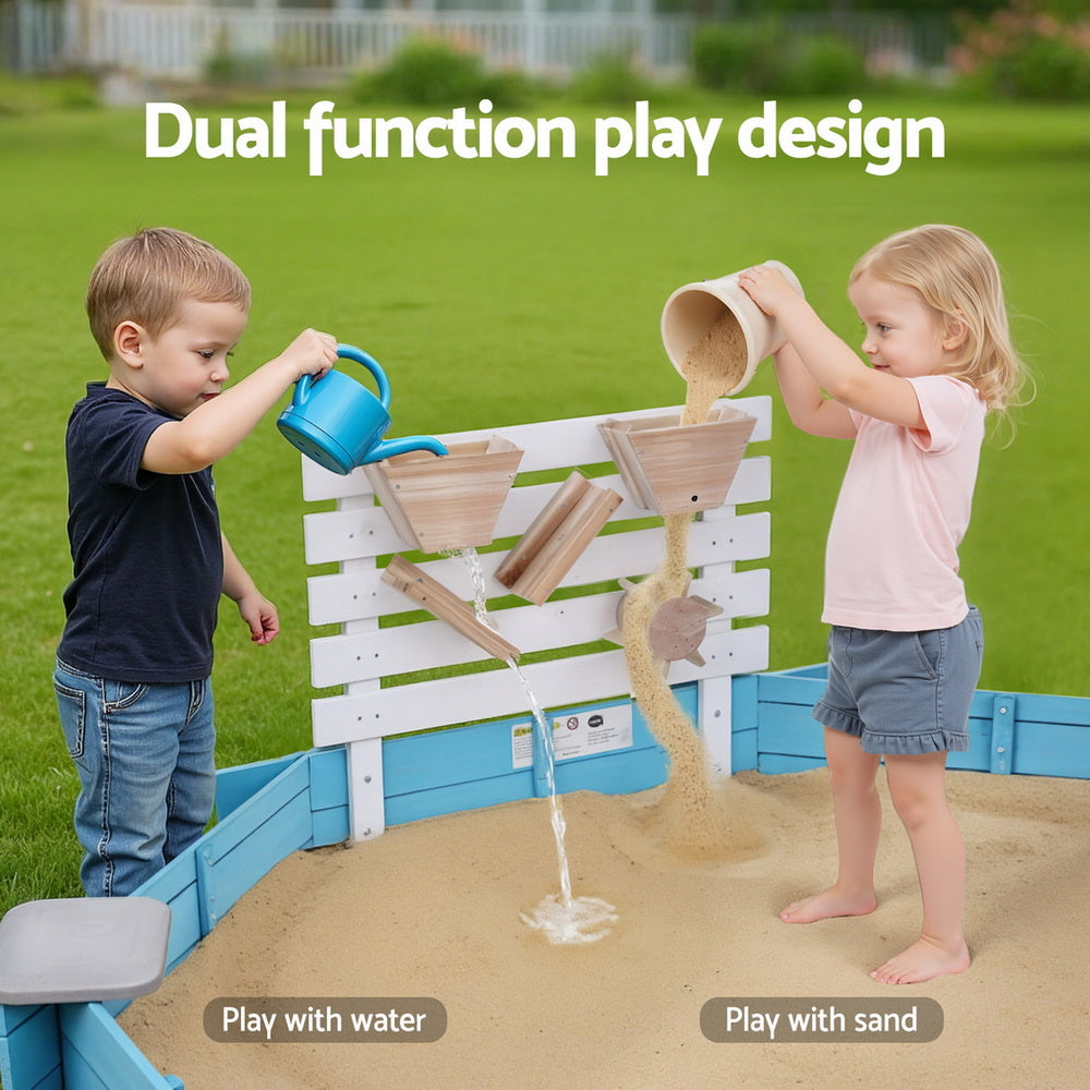 Keezi Kids Sandpit Wooden Round Sand Pit with Cover Funnel Bench Seat Beach Toys 215cm 6