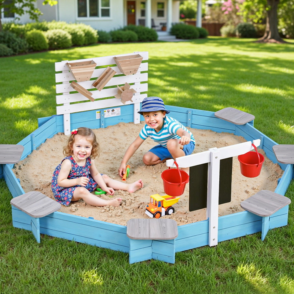 Keezi Kids Sandpit Wooden Round Sand Pit with Cover Funnel Bench Seat Beach Toys 215cm 7