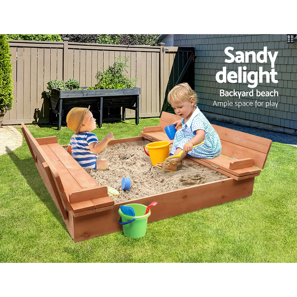 Keezi Kids Sandpit Wooden Sandbox Sand Pit Foldable Seat Outdoor Beach Toys 90cm 4