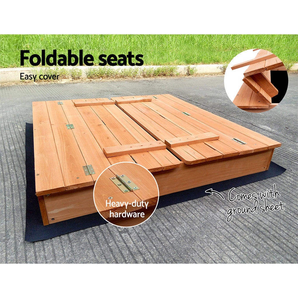 Keezi Kids Sandpit Wooden Sandbox Sand Pit Foldable Seat Outdoor Beach Toys 90cm 6