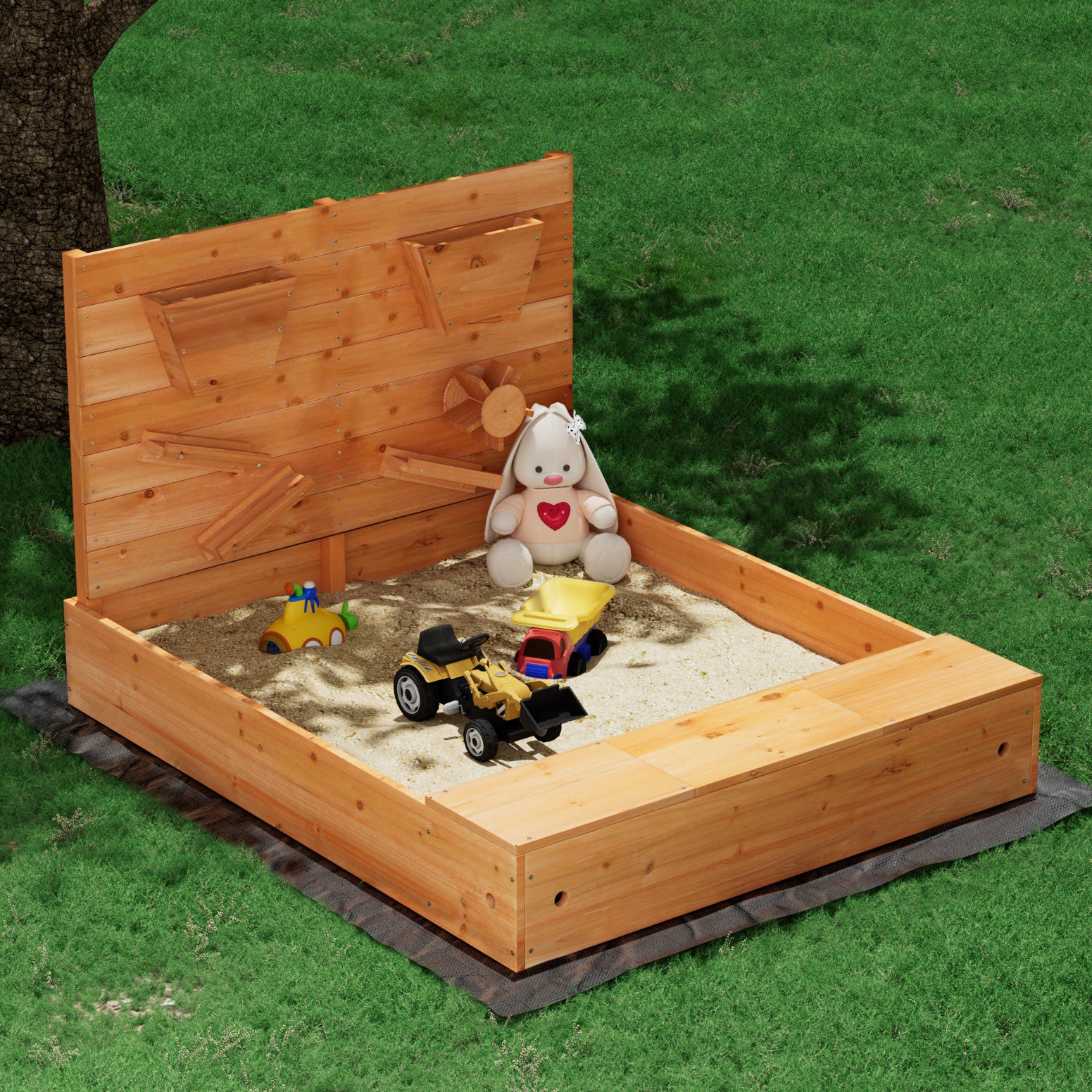 Keezi Kids Sandpit Wooden Sandbox Sand Pit with Cover Funnel Outdoor Toys 120cm 5