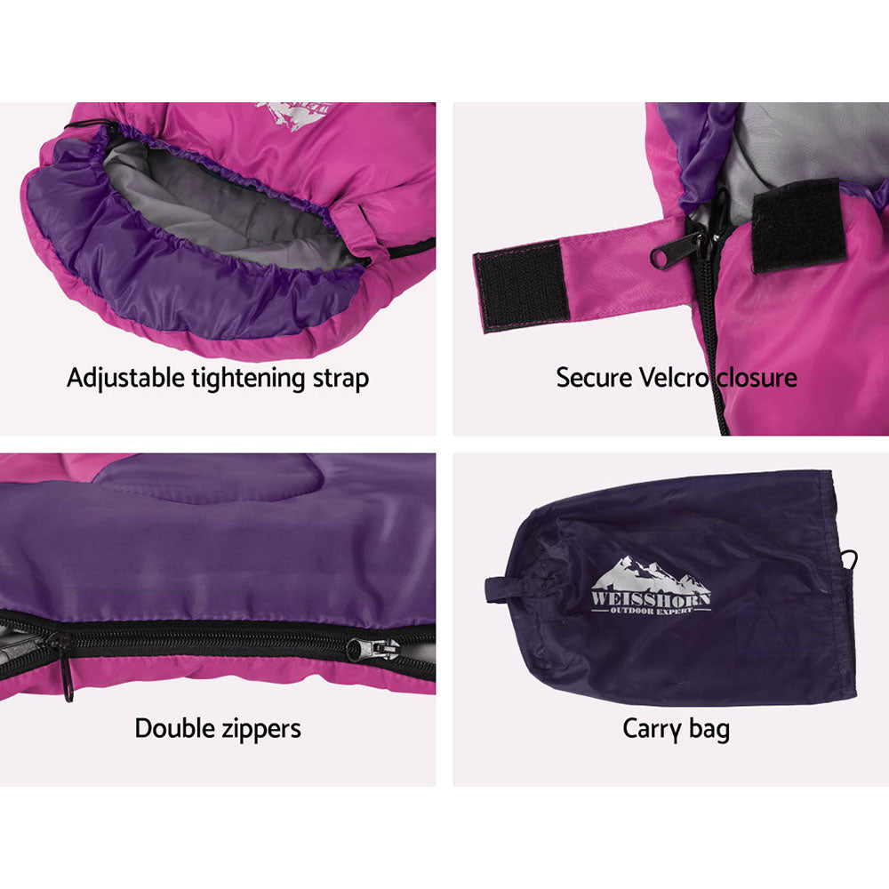 Weisshorn Sleeping Bag Kids Single 172cm Thermal Camping Hiking Pink 7