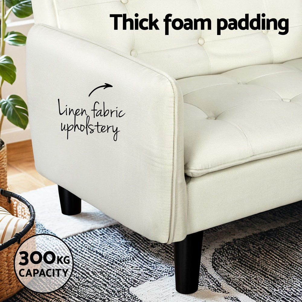 Artiss Sofa Bed 3 Seater Tufted Faux Linen Beige 5