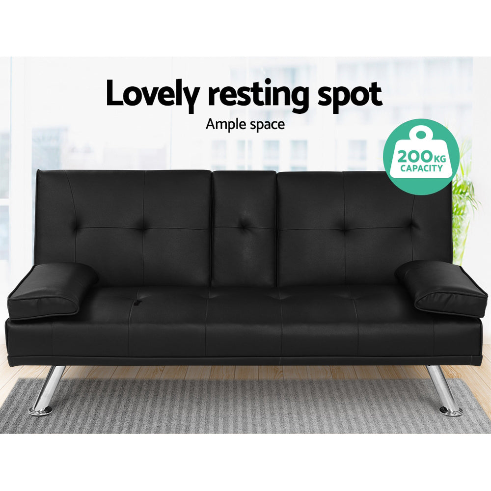 Artiss Sofa Bed 168CM Black PU Leather 3