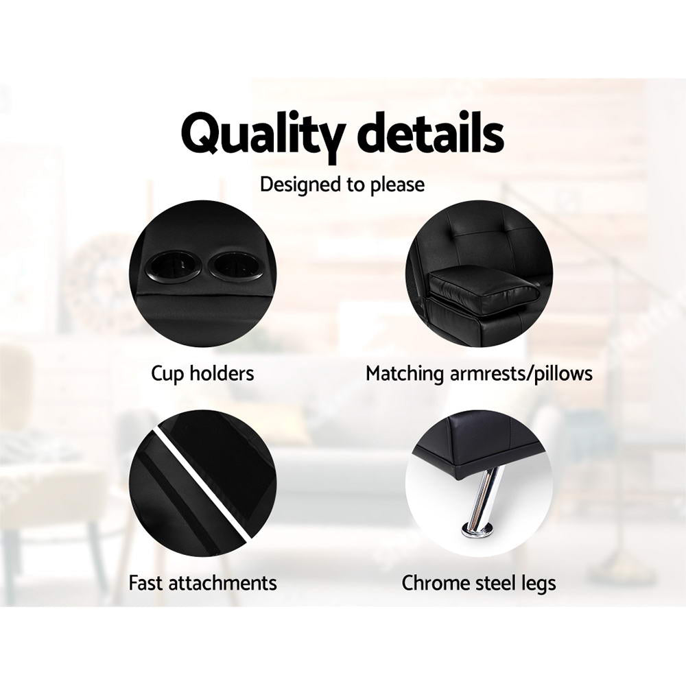 Artiss Sofa Bed 168CM Black PU Leather 6