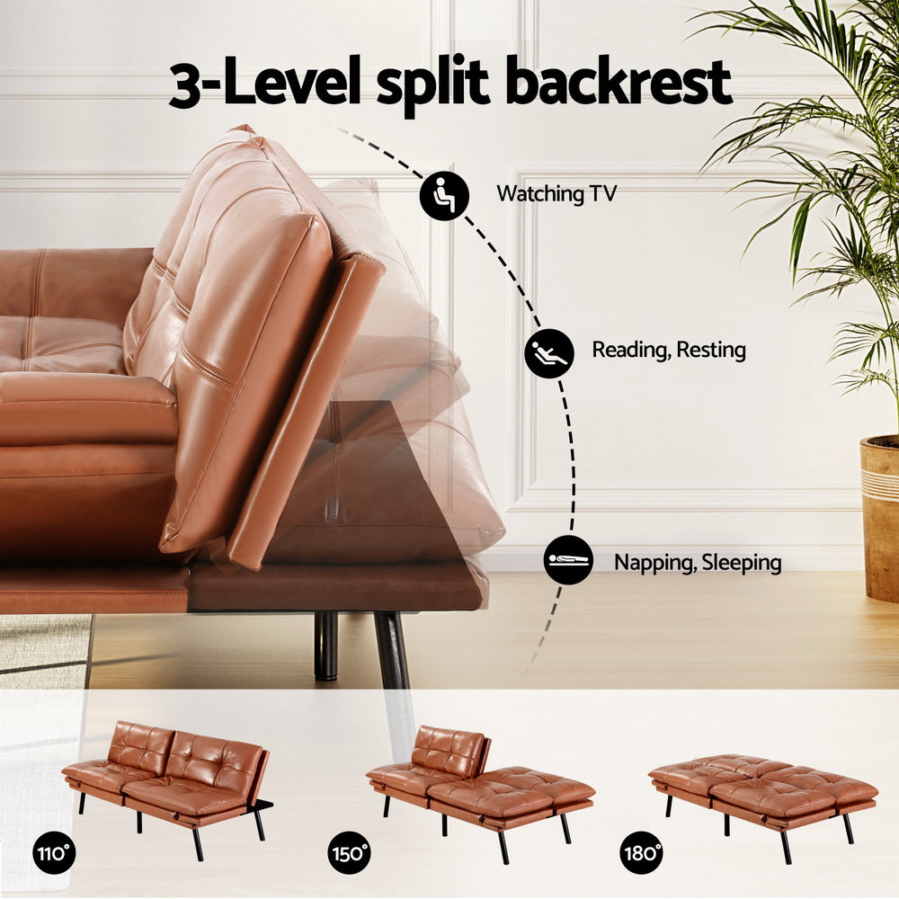 Artiss Sofa Bed Convertible 3 Seater Couch Recliner Lounge Chair Leather Brown 4