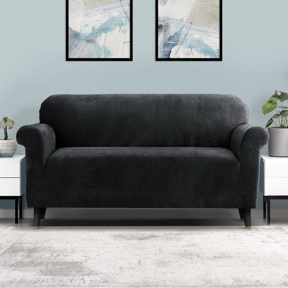 Artiss Sofa Cover Couch Covers 3 Seater Velvet Black 8