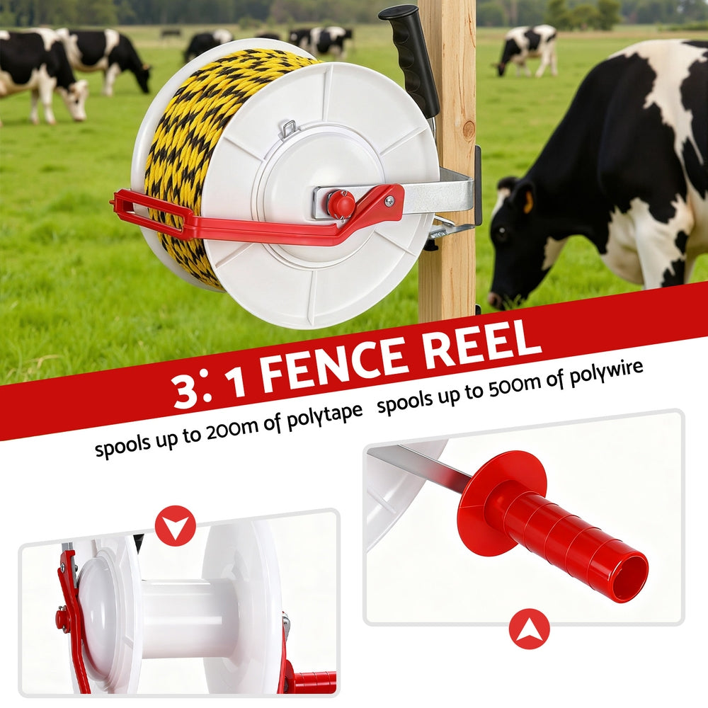 Giantz Electric Fence Reel Geared Portable Polywire Fencing Farm White 4