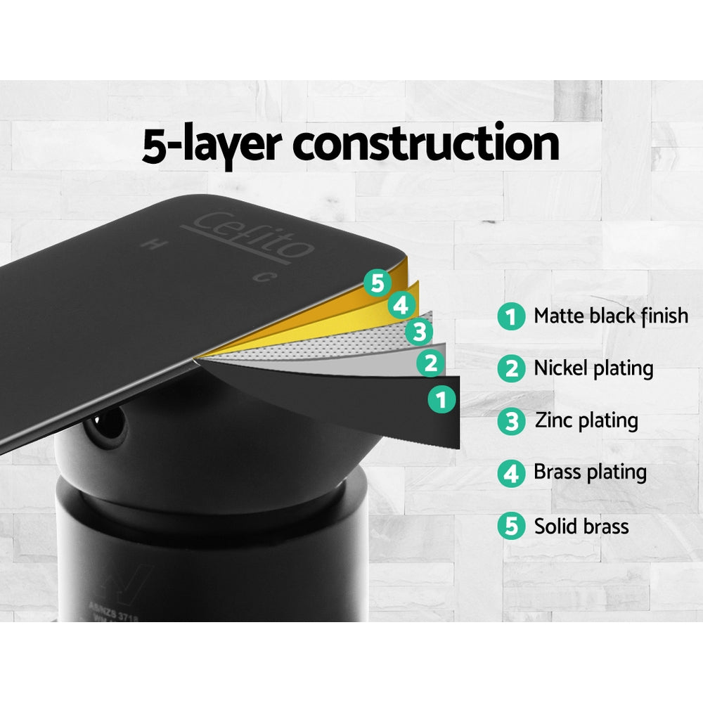 Cefito Shower Mixer Tap Wall Bath Taps Brass Hot Cold Basin Bathroom Black 4