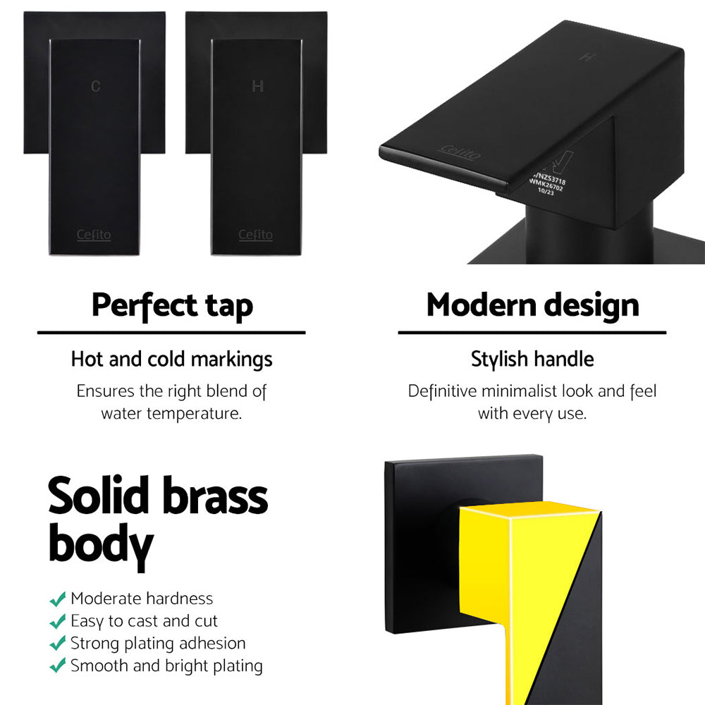 Cefito Shower Twins Tap Wall Bath Taps Brass Hot Cold Basin Bathroom Black 4