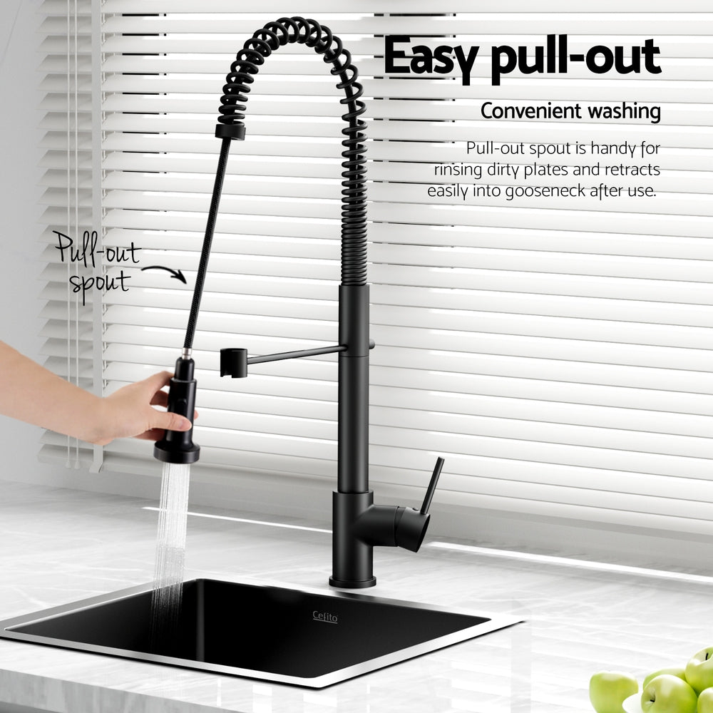 Cefito Stainless Steel Sink 51x45CM With Pull Out Mixer Tap Kitchen Single Bowl Black 6