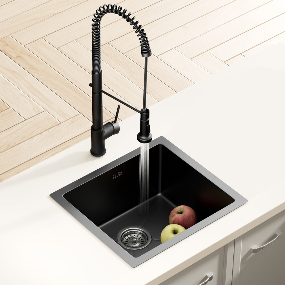 Cefito Stainless Steel Sink 51x45CM With Pull Out Mixer Tap Kitchen Single Bowl Black 7