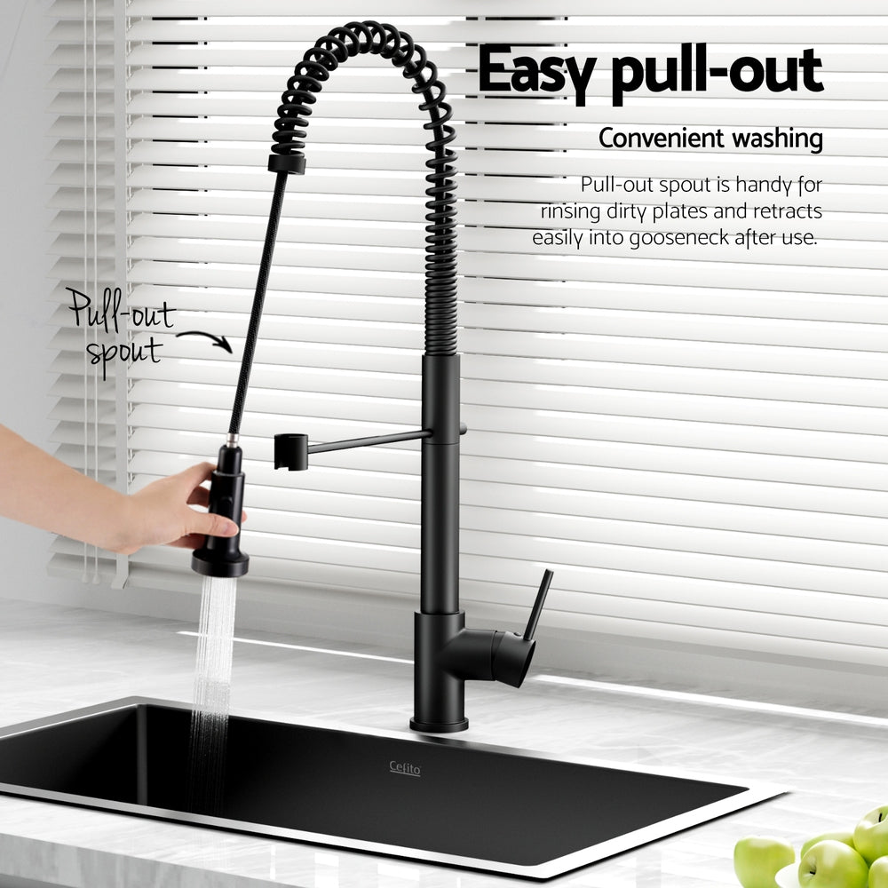 Cefito Stainless Steel Sink 70x45CM With Pull Out Mixer Tap Kitchen Basin Single Bowl Black 6