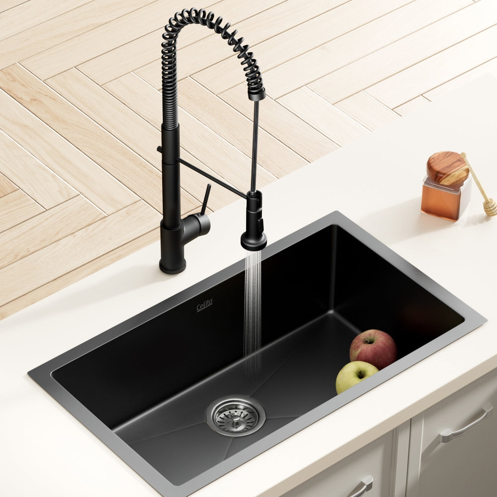 Cefito Stainless Steel Sink 70x45CM With Pull Out Mixer Tap Kitchen Basin Single Bowl Black 7