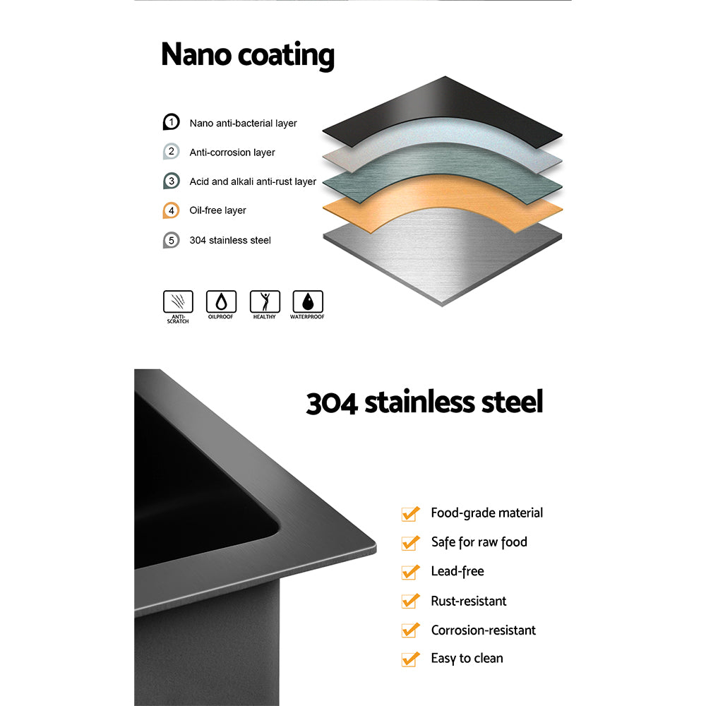 Cefito Kitchen Sink 75X45CM Stainless Steel Basin Single Bowl Drain Part Black 4