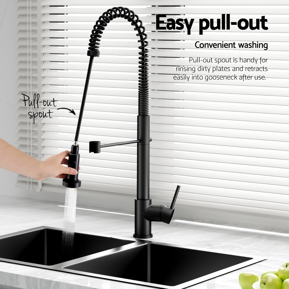 Cefito Stainless Steel Sink 77x45CM With Pull Out Mixer Tap Kitchen Double Bowl Black 6