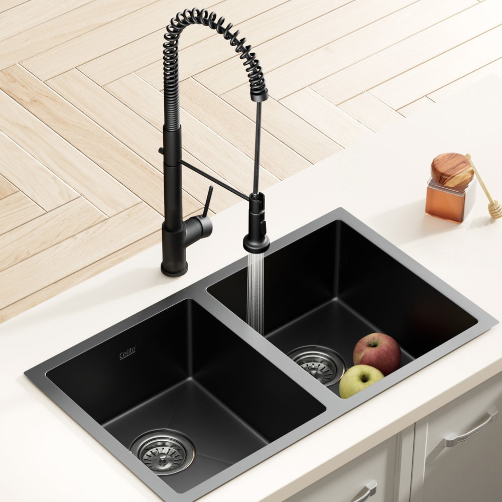 Cefito Stainless Steel Sink 77x45CM With Pull Out Mixer Tap Kitchen Double Bowl Black 7