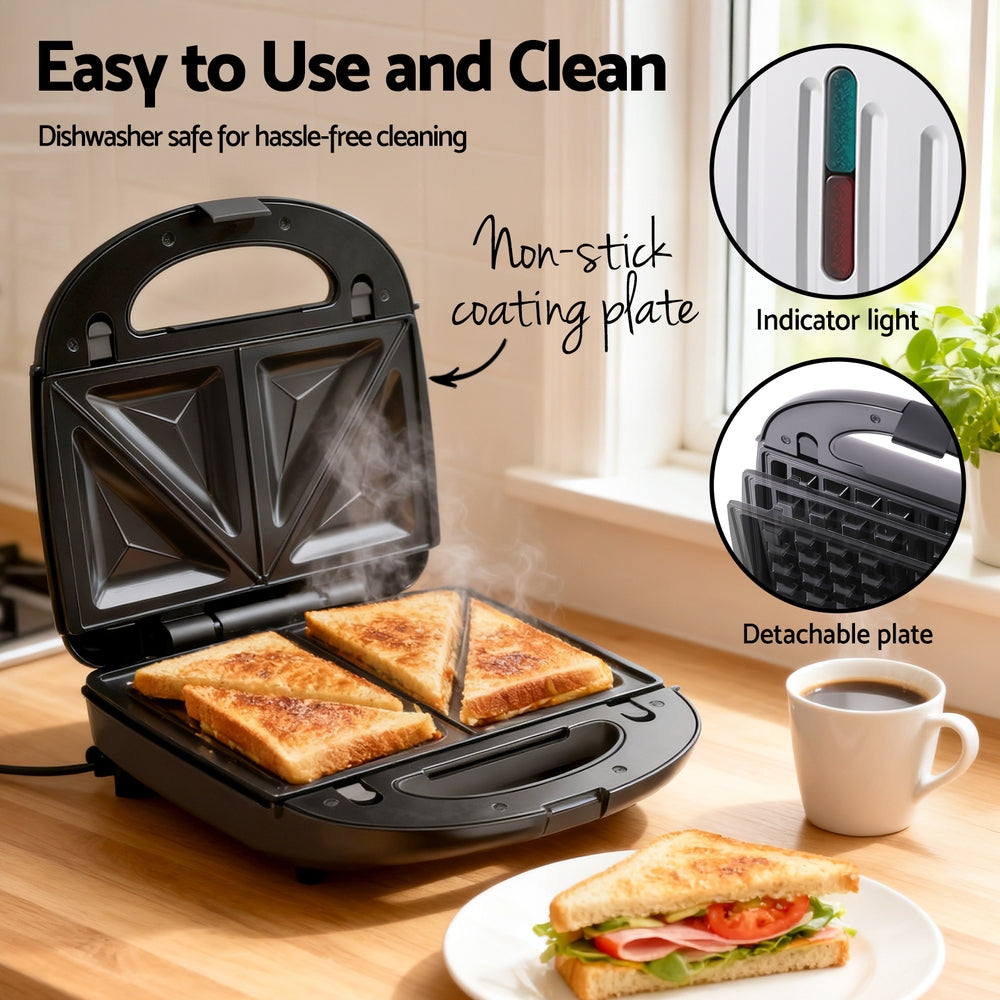 Devanti 3-in-1 Sandwich Press Waffle Maker Panini Press Grill 850W 6