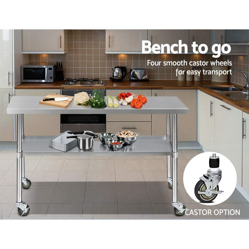 Cefito 1524x610mm Stainless Steel Kitchen Bench with Wheels 304 7