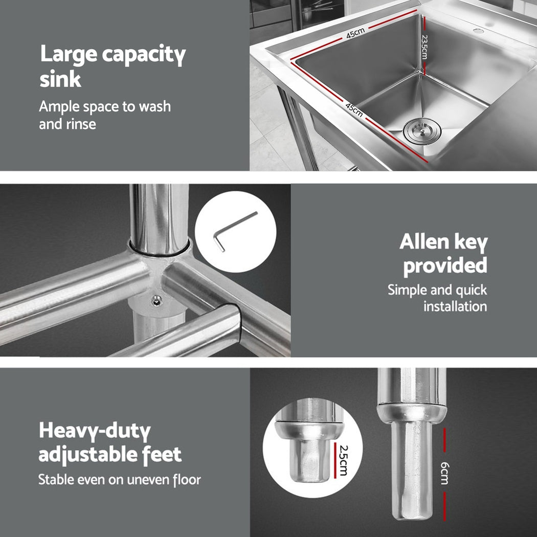 Cefito Stainless Steel Sink Bench Kitchen Work Benches Bowl Wheels 304 5