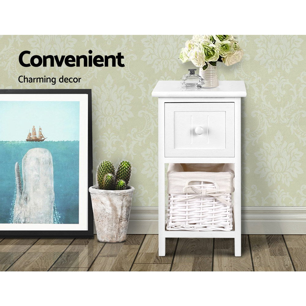 Artiss Bedside Table 1 Drawer with Basket Rustic White X2 3