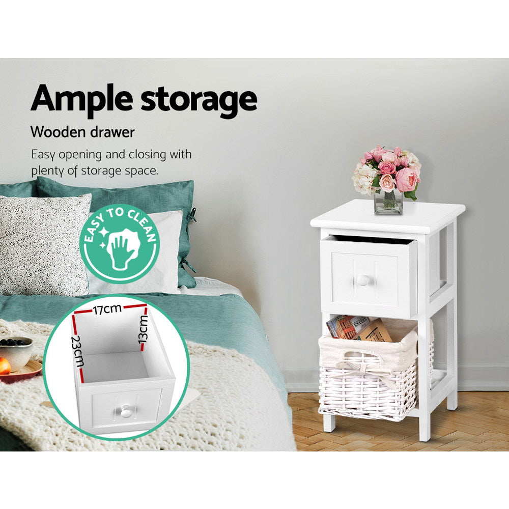 Artiss Bedside Table 1 Drawer with Basket Rustic White X2 4