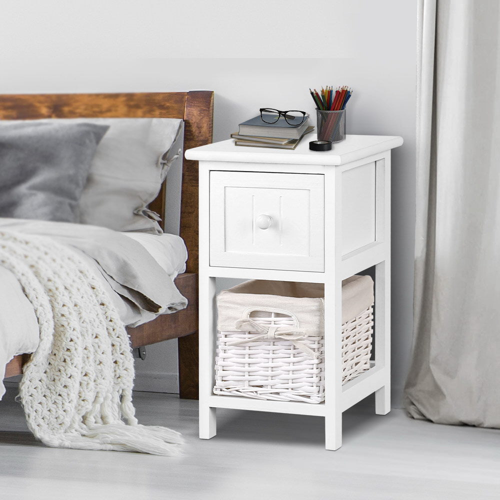 Artiss Bedside Table 1 Drawer with Basket Rustic White X2 7