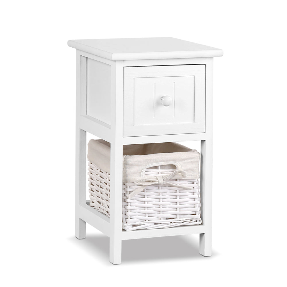 Artiss Bedside Table 1 Drawer with Basket Rustic White X2 8