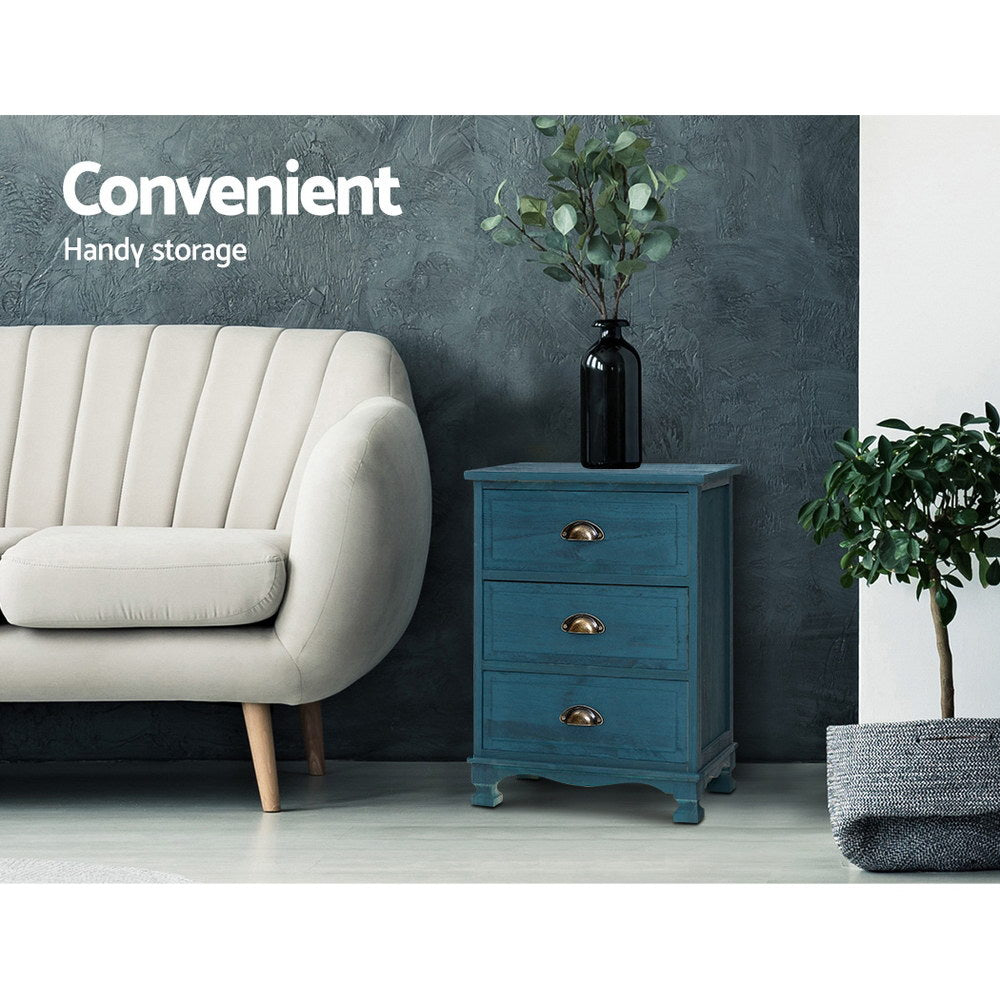 Artiss Bedside Table 3 Drawers Vintage - THYME Blue 3
