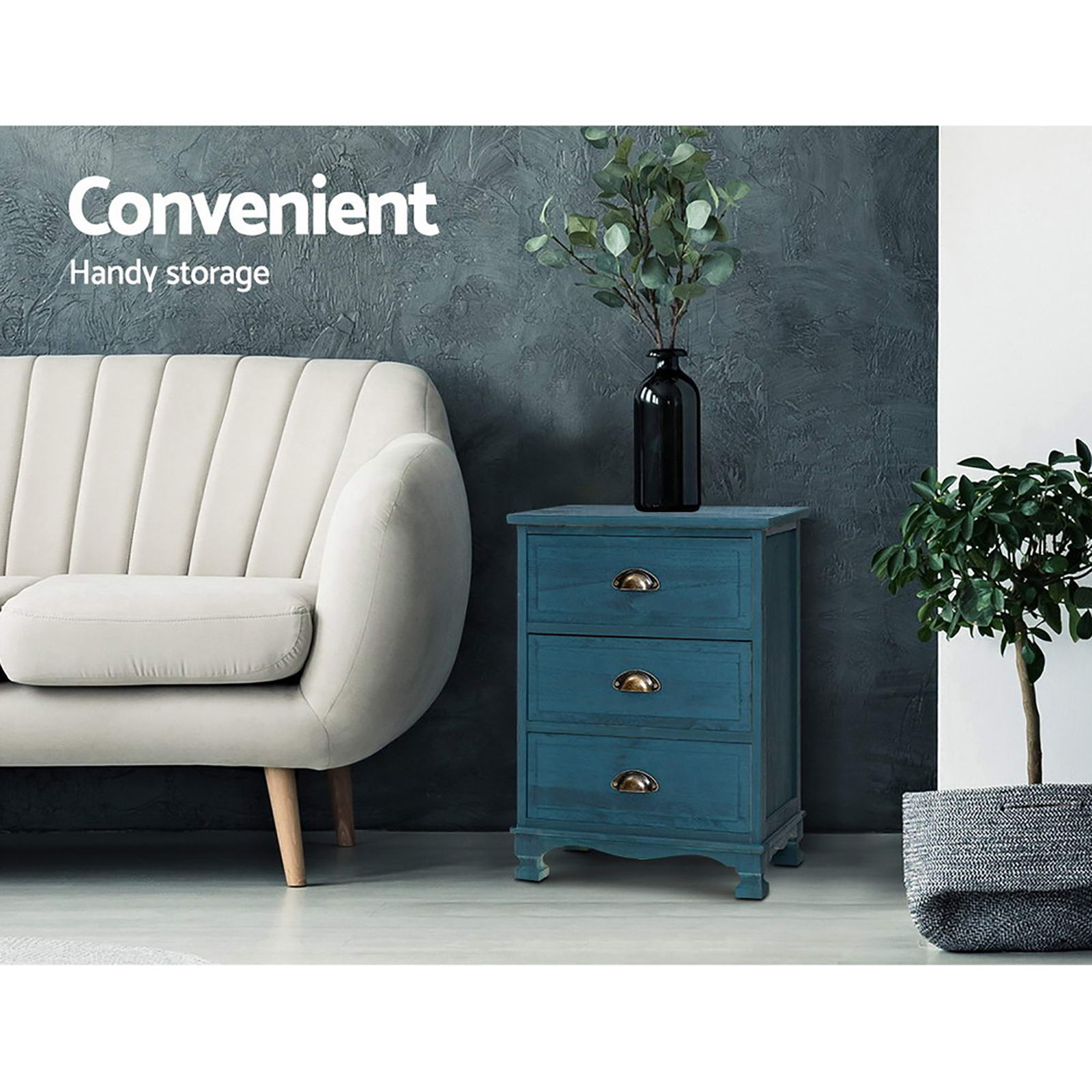 Artiss 2x Bedside Table 3 Drawers Vintage - THYME Blue 3