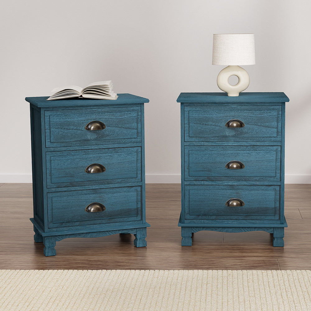 Artiss 2x Bedside Table 3 Drawers Vintage - THYME Blue 8