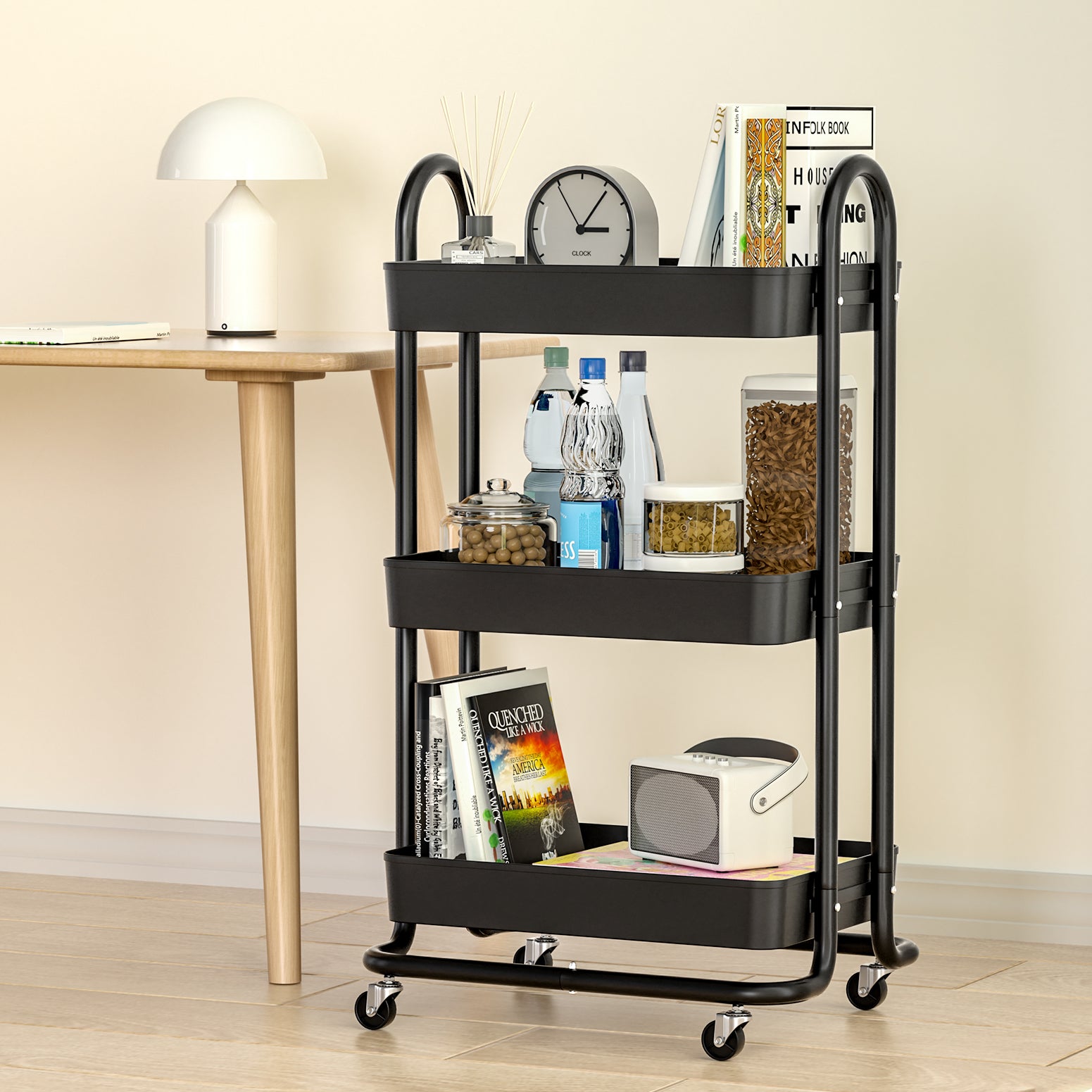Artiss Storage Trolley Kitchen Cart 3 Tiers Rack Shelf Organiser Wheels Black 7