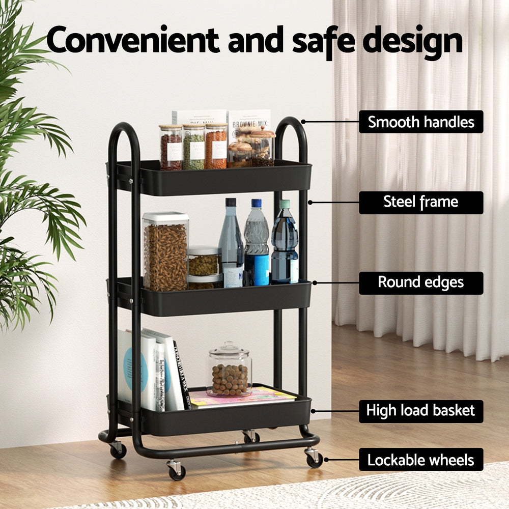 Artiss Storage Trolley Kitchen Cart 3 Tiers Rack Shelf Organiser Wheels Black 5
