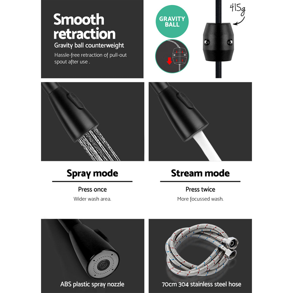 Cefito Kitchen Mixer Tap Pull Out 2 Mode Sink Faucet Basin Laundry Black 6