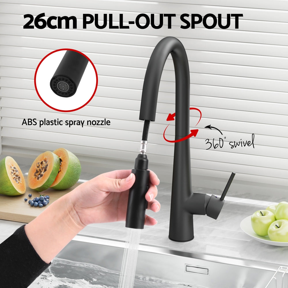 Cefito Kitchen Mixer Tap Pull Out Round 2 Mode Sink Basin Faucet Swivel WELS Black 4