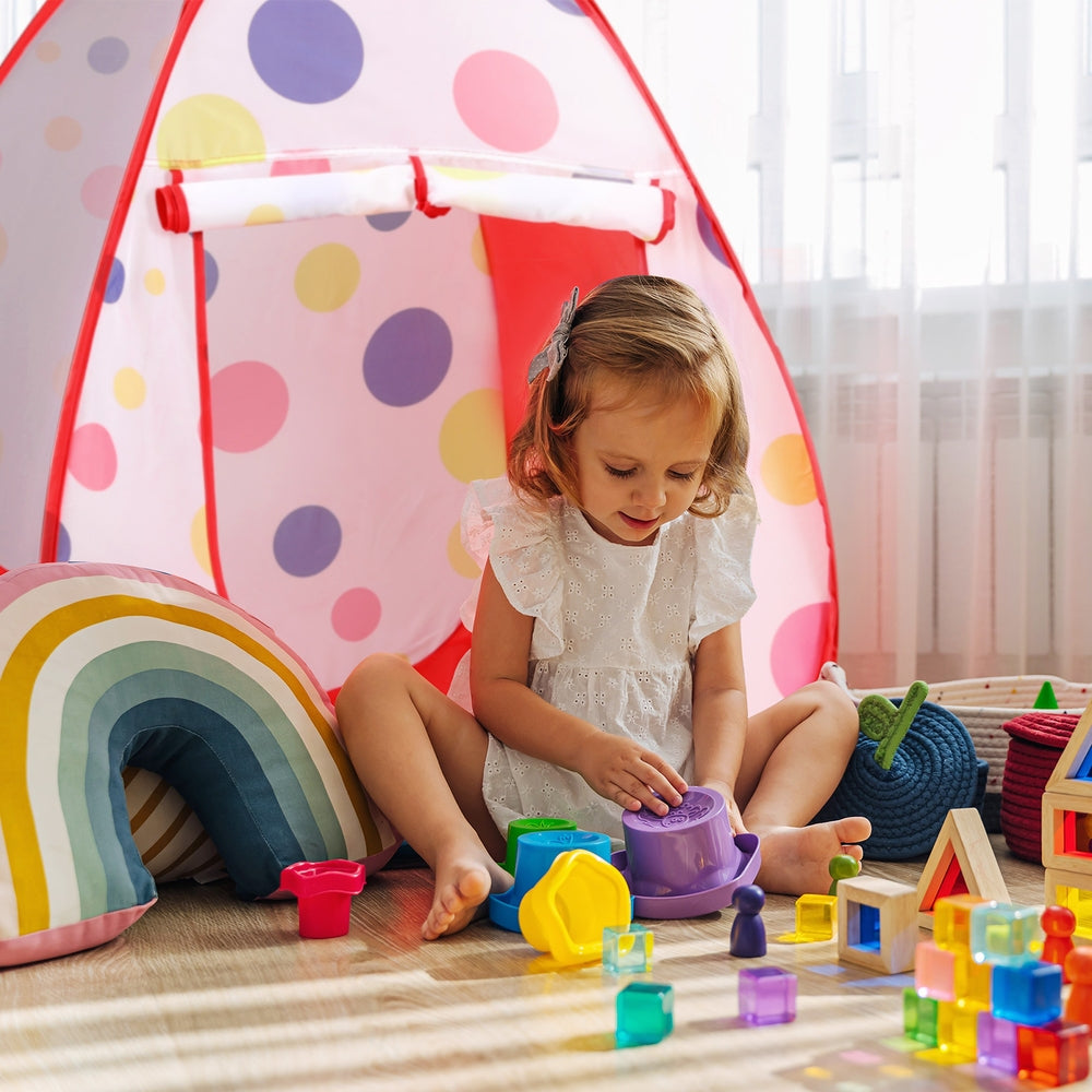 Keezi Kids Playhouse Play Tent Pop Up Teepee Ball Pit Tunnel Basketball Hoop Red 4