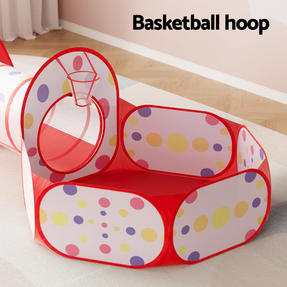 Keezi Kids Playhouse Play Tent Pop Up Teepee Ball Pit Tunnel Basketball Hoop Red 5