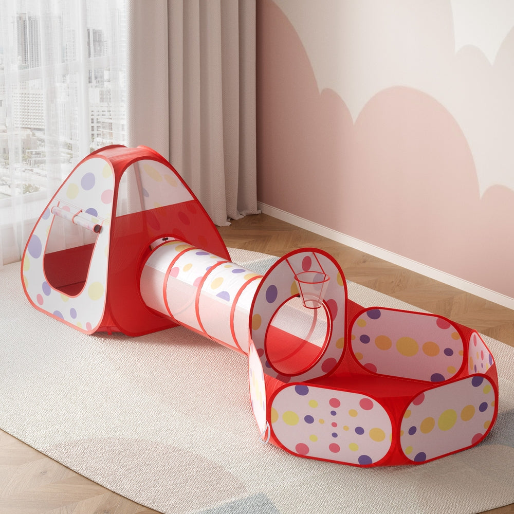 Keezi Kids Playhouse Play Tent Pop Up Teepee Ball Pit Tunnel Basketball Hoop Red 7