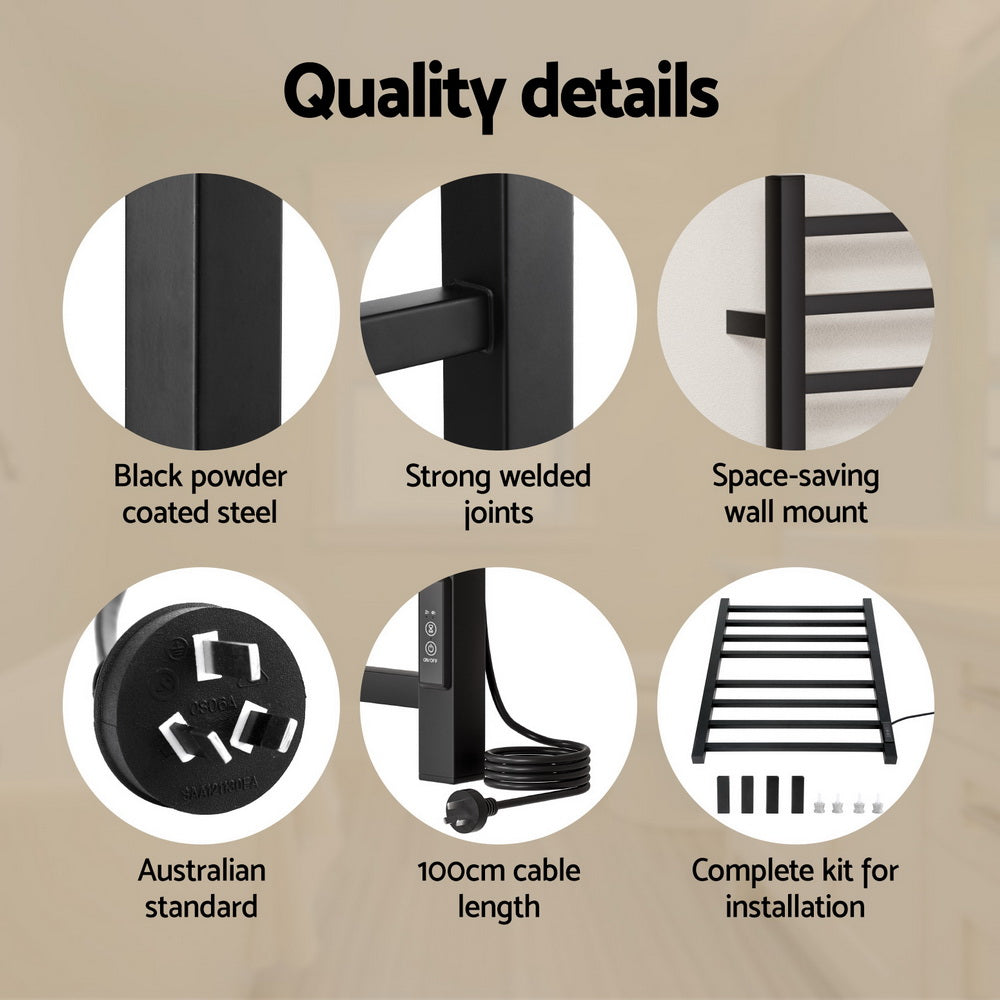 Devanti Heated Towel Rail 8 Square Bars with Timer Electric Heater Warmer Rack 6
