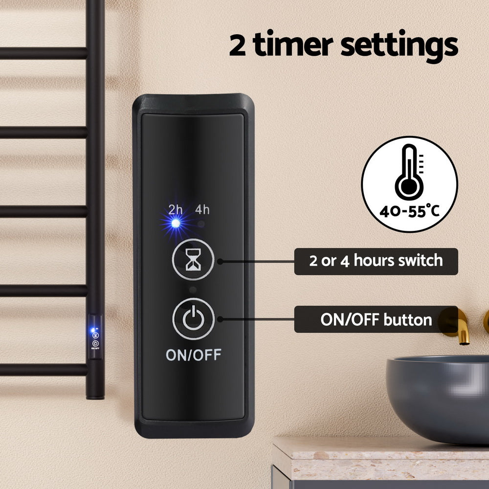 Devanti Heated Towel Rail 6 Round Bars  with Timer Electric Heater Warmer Rack 4